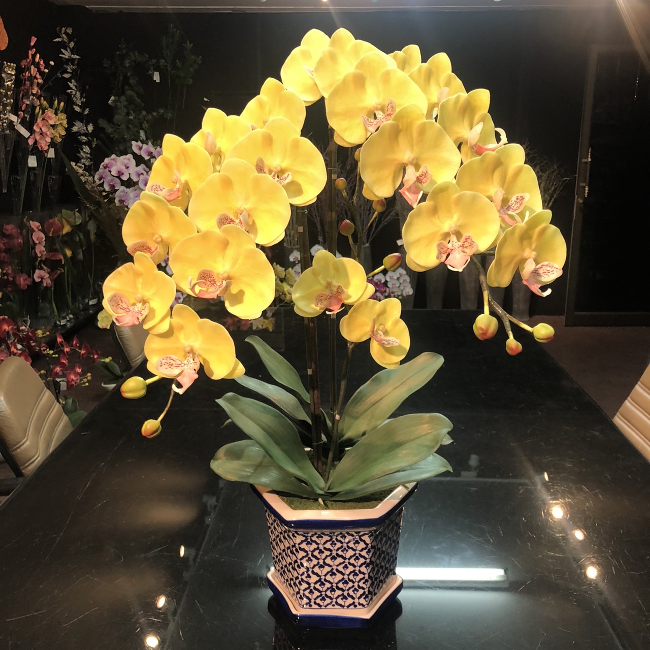 กระถางดอกไม้แสดงความยินดี ดอกกล้วยไม้ประดิษฐ์ ดอกไม้แสดงความยินดี กล้วยไม้ฟาแลนสีเหลือง